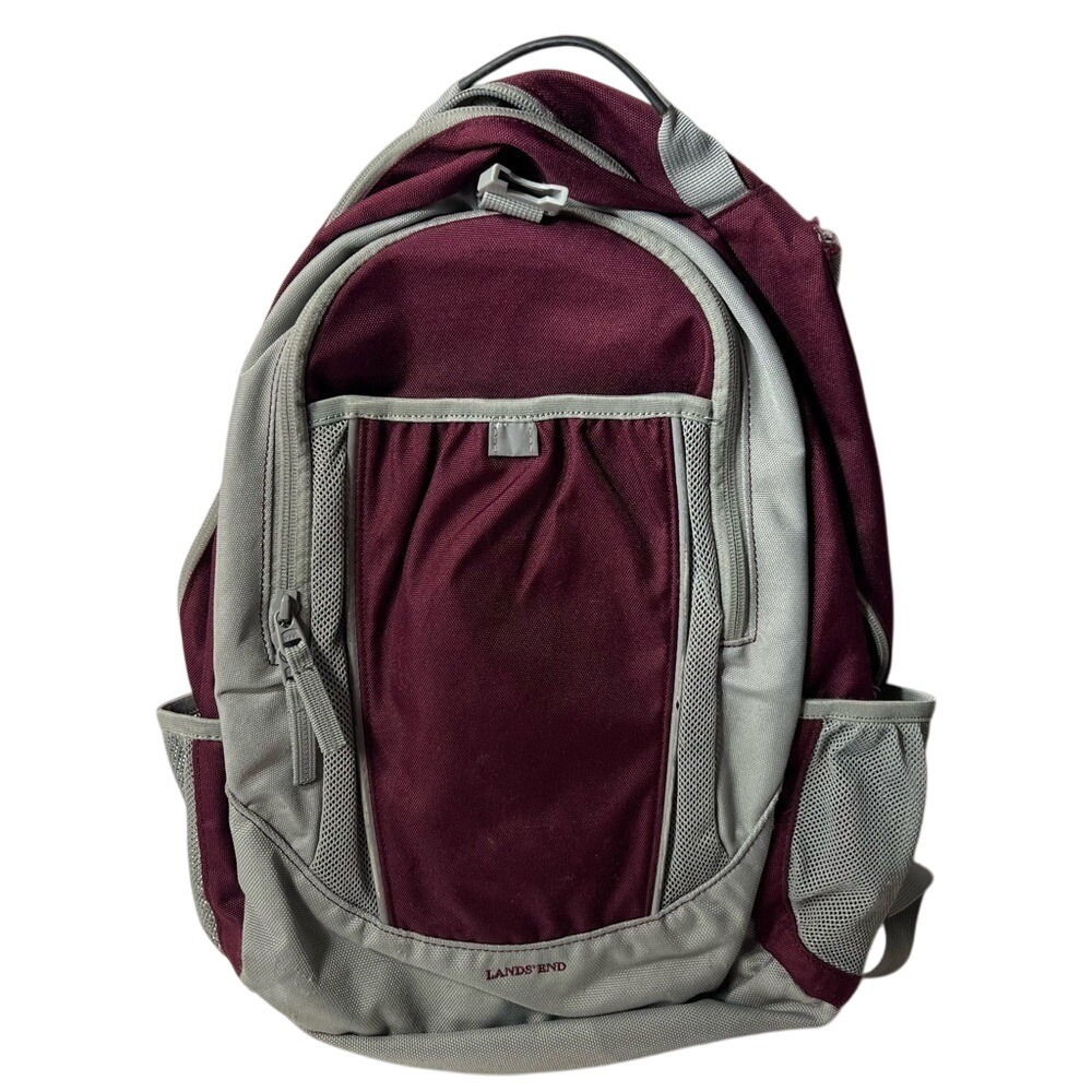 Lands End Kids‎ Backpack School Hiking Travel Gray Purple Canvas Bottle Pockets